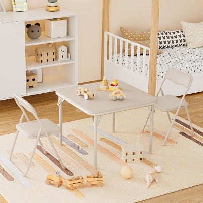 Boys and Girls Folding Table and Chairs Set of 3, Portable Table and Chair with Pu Soft Cushion,Suitable for Eating,Reading and Playing