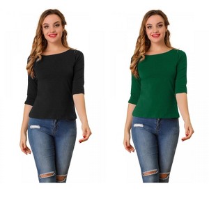 Allegra K Women's Classic Solid Elbow Sleeves Round Neck Slim Fit T-Shirts 2 Packs - 1 of 4