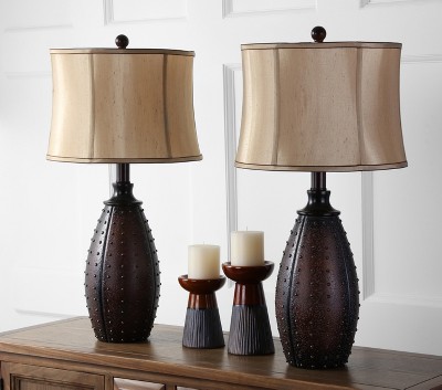 Santa Fe Rustic Brown Studded Faux Leather Table Lamp Set with Beige Shades