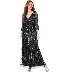 Roaman's Women's Plus Size Beaded V Neck Gown - 1 of 4