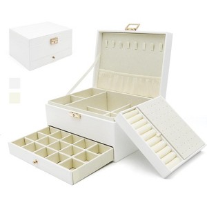 3-Layer Leather Jewelry Organizer Box, Large Storage Case for Earrings, Rings, Necklaces & Watches, Olive Green - 1 of 4