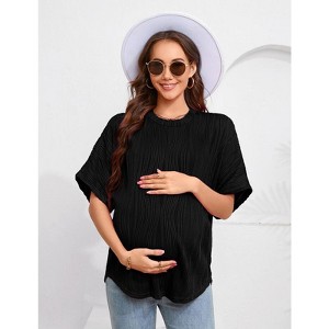 Womens Maternity Shirts Summer Ribbed knit Short Sleeve Casual Pregnancy Clothes Crewneck Loose Maternity Tops - 1 of 4