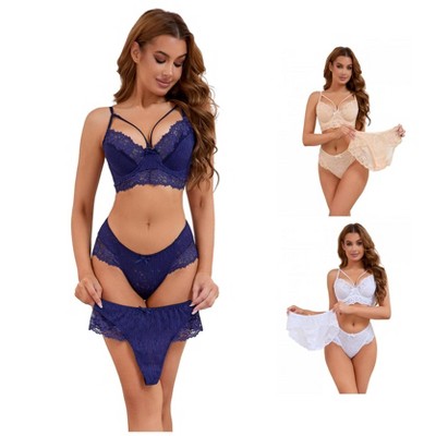 INSPIRE CHIC Women's 3 Sets Cross Straps Full Coverage Bralette and Panty Mesh Floral Lace Underwear Set