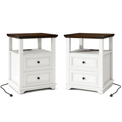 Vipbear Modren Nightstand 18 in End Table with Charging Station Rustic Wood Tall Bedside Table with 2 Drawers Storage Small Dresser Open Shelf