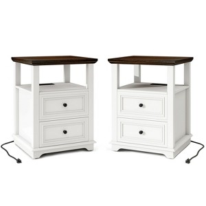 Vipbear Modren Nightstand 18 in End Table with Charging Station Rustic Wood Tall Bedside Table with 2 Drawers Storage Small Dresser Open Shelf - 1 of 4