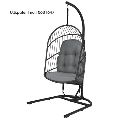 Tangkula Modern Rattan Hanging Egg Swing Chair w/Stand Foldable Cushioned Hammock Gray/Beige