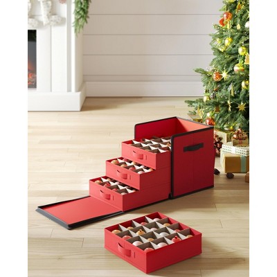 SONGMICS Christmas Ornament Storage Box, Stackable Christmas Storage Container with Lid, 4 Drawer Trays, 600D Oxford, Cherry Red