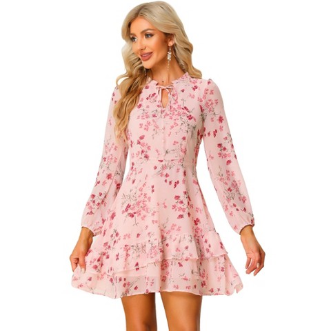 Женские платья INSPIRE CHIC Women's Summer Floral Layered Tie V-Neck Semi-Sheer Long Sleeve Mini Dress Medium Pink