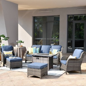 Ovios Orlando 6pc Gray Wicker Outdoor Patio Furniture Conversation Sofa Set with a Rectangle Fire Pit and Cushions - 1 of 4