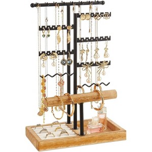 3-Tier Jewelry Tree Stand with Ring Tray, Carbonized Brown Display Organizer for Necklaces, Bracelets & Keychains - 1 of 4