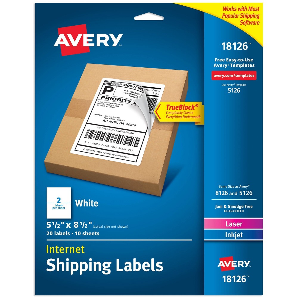 Avery 5 1/2" x 8 1/2" 20ct Internet Shipping Labels - White: Printable Mailing Labels, Avery Template, Printer Compatible