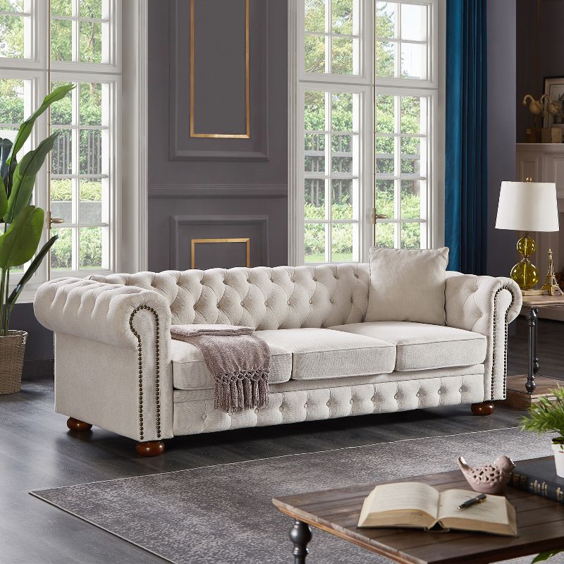 Chesterfield Linen Tufted Nailhead Upholstered Sofa with Wooden Legs - ModernLuxe, 1 of 12
