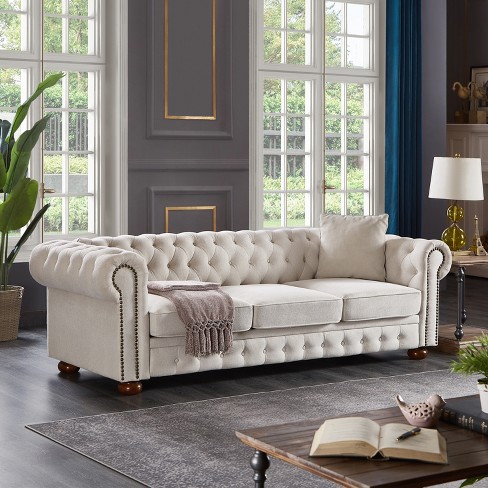Chesterfield Linen Tufted Nailhead Upholstered Sofa With Wooden Legs Beige Modernluxe Target