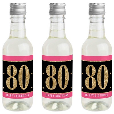 Big Dot of Happiness Chic 80th Birthday - Pink, Black and Gold - Mini Wine and Champagne Bottle Label Stickers - Birthday Party Favor Gift - Set of 16