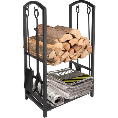 attop Fireplace Tools Log Rack Set with 4 Piece Tools Wrought Iron Black