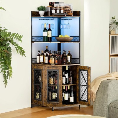 Industrial Corner Bar Cabinet, 5-Tiers Wine Cabinet with LED Strip and Glass Holder, Multifunctional Liquor Cabinet for Home Bar