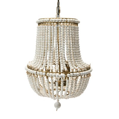 Off-White Draped Wood Bead Chandelier with Iron Frame