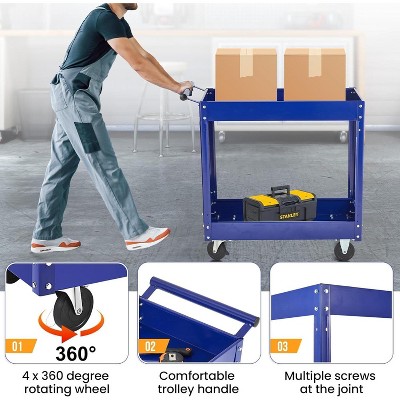 Acekool 2-Tier Rolling Tool Cart with Pegboard, 400 lbs Capacity Heavy Duty Utility Cart for Garage, Warehouse & Repair Shop