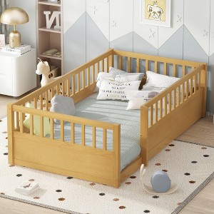 KWPZQEB Twin Size Montessori Toddler Floor Bed for Girls and Boys, Wood Bed Frame with Removable Safety Guardrails & Wood Slats - 1 of 4