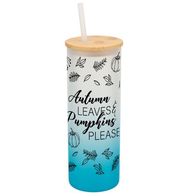 Elanze Designs Autumn Leaves & Pumpkins Please Harvest Wrap-Around Design 25 Ounce Frosted Gradient Glass On-The-Go Coffee Travel Skinny Tumbler Mug
