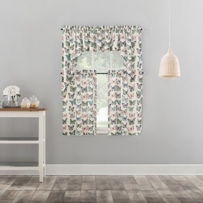 Blue Butterfly Print Sheer Polyester Kitchen Curtain Tier Pair