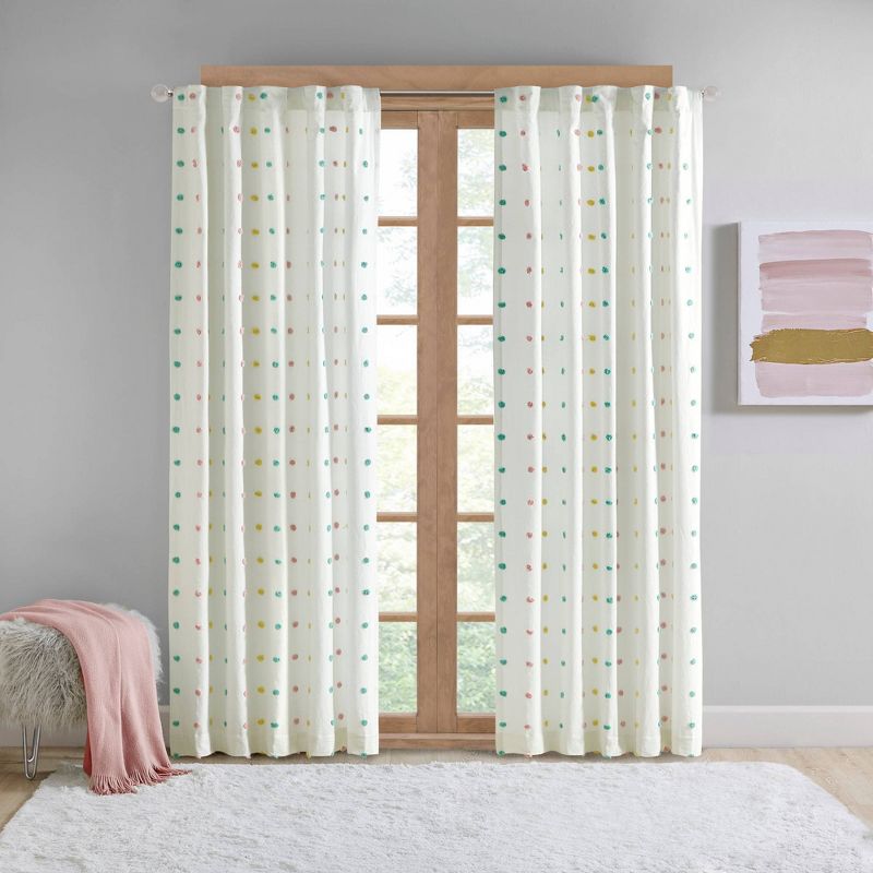 1pc 50&#34;x84&#34; Light Filtering Kelsey Jacquard Pom-Pom Window Panel Cream - Intelligent Design, 1 of 10