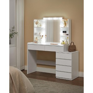 Modern Vanity Desk with LED Lights & Mirror, Makeup Dressing Table with 6 Drawers & 4 Shelves, Adjustable Lighting - 1 of 4