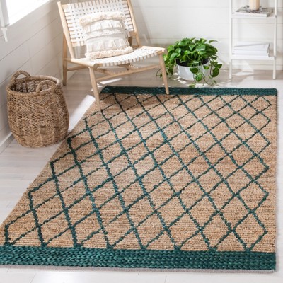 Hand-Knotted Boho Chic Geometric Cotton Rug in Natural/Dark Green - 4' x 6'