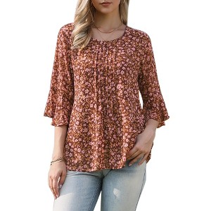 INSPIRE CHIC Women's Chiffon Floral Design Ruffled 3/4 Sleeve Round Neck Casual Blouse - 1 of 4