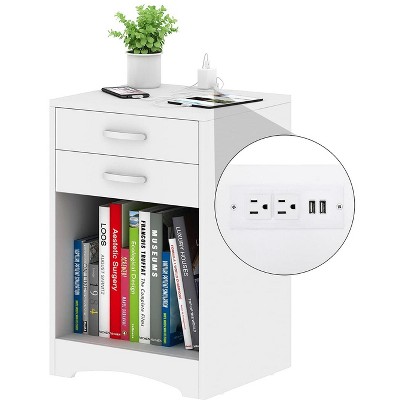 White Nightstand with Charging Station & 2 Drawer, Side Table End Table with USB Ports and Storage For Small Kids