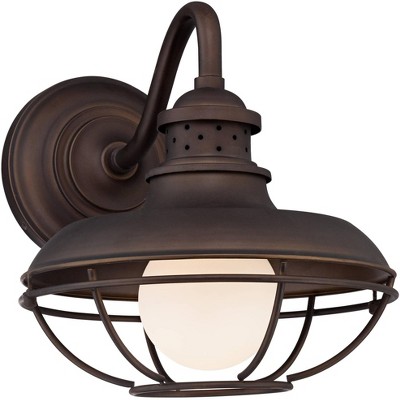 Franklin Iron Works Farmhouse Outdoor Barn Light Fixture Oiled Bronze Open Cage 13" White Glass Orb Diffuser for Exterior House