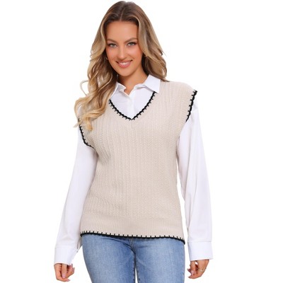 INSPIRE CHIC Women's V Neck Sleeveless Ribbed Contrast Color Trim Sweater Vest