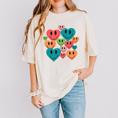 Simply Sage Market Women's Distressed Smiley Hearts Short Sleeve Garment Dyed Tee