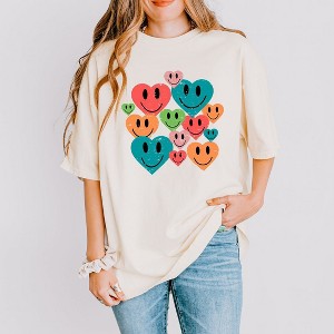 Simply Sage Market Women's Distressed Smiley Hearts Short Sleeve Garment Dyed Tee - 1 of 4