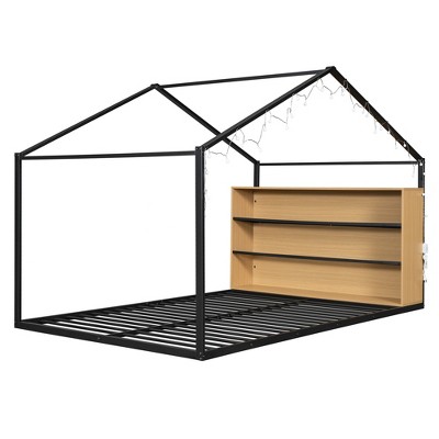 TiramisuBest Full Size Metal Bed House Bed Frame with Shelves and Lights - Black Metal Design