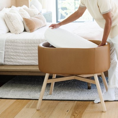 Camel Vegan Leather and Wood Bassinet for Newborns