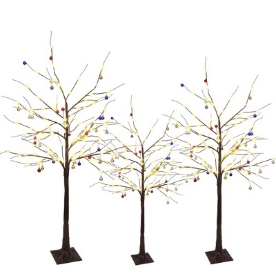 Hooseng LED Lighted Birch Tree Set of 3, with Warm White Lights, 3 Pieces Artificial X-Mas Tree Set with Decors for both Indoor and Outdoor