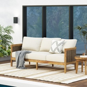 Christopher Knight Home Crowne Outdoor 76.5" Acacia Wood and Wicker 3 Seater Sofa with Cushions, Teak/Beige - 1 of 4