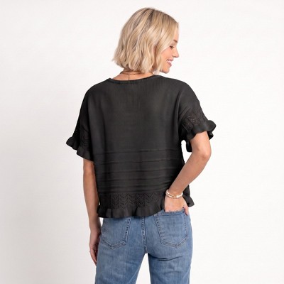 Anna-Kaci Women's Short Sleeve Sweater Top Lace Ruffle Hem Textured Knit Blouse