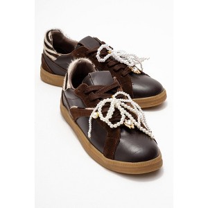 Taren - Brown Leather Pearl Buckle Sneakers (Women) | Forever & Always Shoes - 1 of 4
