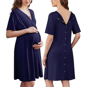 Ekouaer Labor and Delivery Gown for Hospital Short Sleeve Maternity Nursing Dress Nightgown with Button - 1 of 4