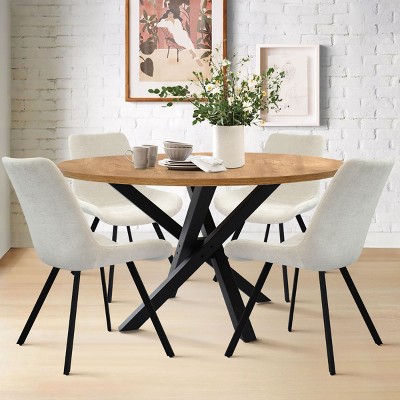 Robert+Kourtney 5-Piece Solid Black Round Dining Table Set with 4 Upholstered Dining Chairs with Black Legs for 4, Indoor Furniture - Maison Boucle