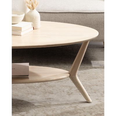 Natural Wood Oval Coffee Table with Storage and Sculptured Legs