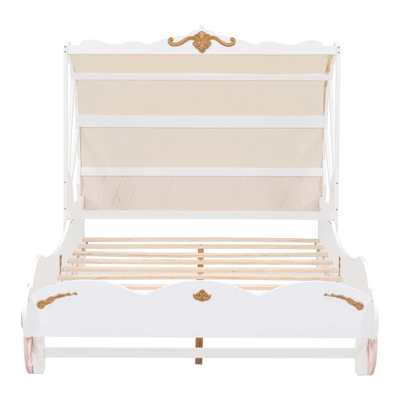 Full/Twin Size Princess Carriage Bed with Canopy, Wood Platform Bed with 3D Carving Pattern, White+Pink-ModernLuxe, 5 of 10