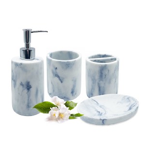 Cameo 4pc Bathroom Set - Soap/Lotion Dispenser, Soap/Sponge Dish, Toothbrush Holder, Tumbler, Non-Slip Protective Silicone Feet - Blue Marble - 1 of 4