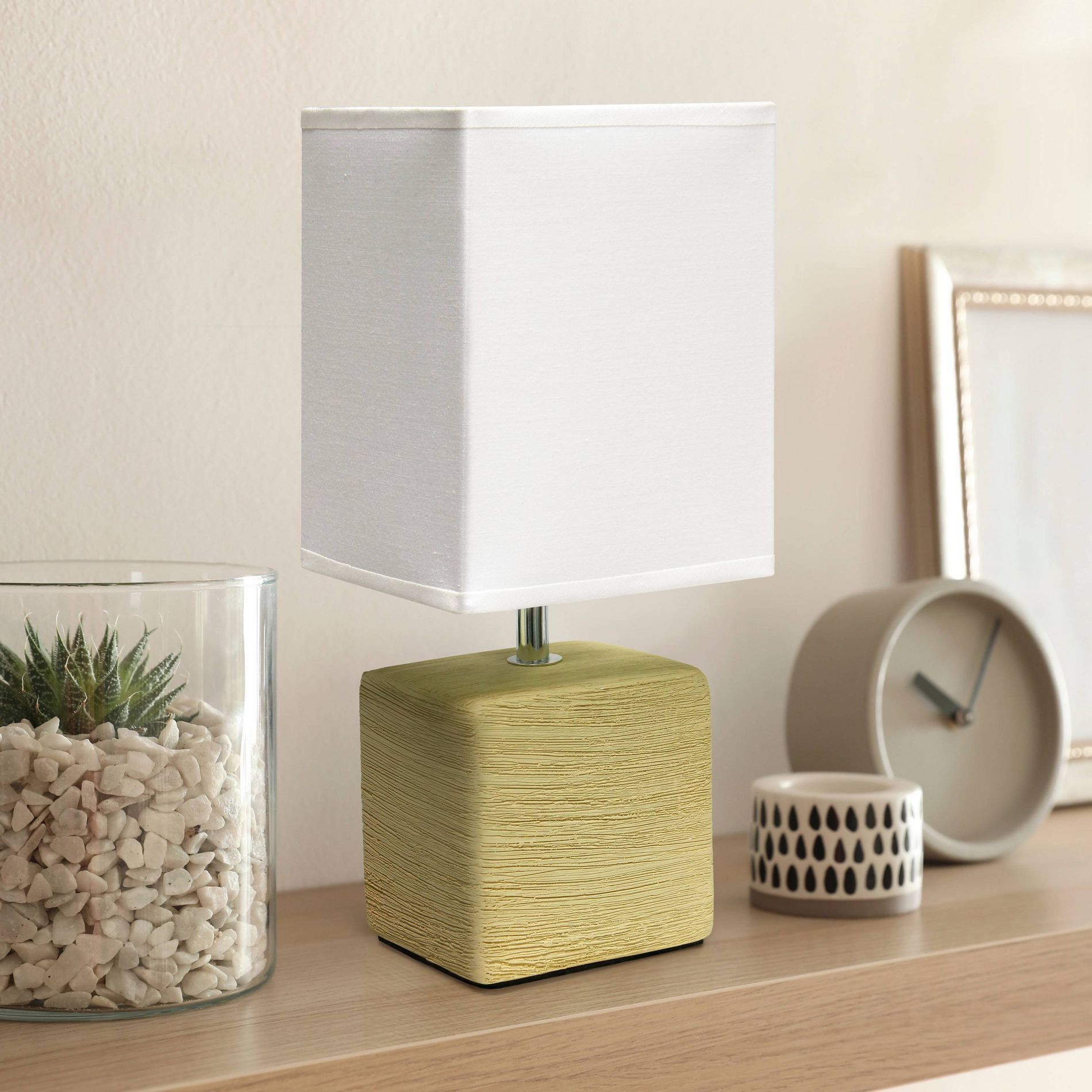 Simple Designs Petite Faux Stone Table Lamp with Fabric Shade Beige: Ceramic Base, ETL Listed, No Assembly Required