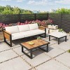 3 PCS Outdoor Sofa Set, 3-Seater Sofa Set with Table and Ottoman, Acacia Wood Sofa with Metal Frame and Polyester Cushion-Coolbibila - 2 of 4