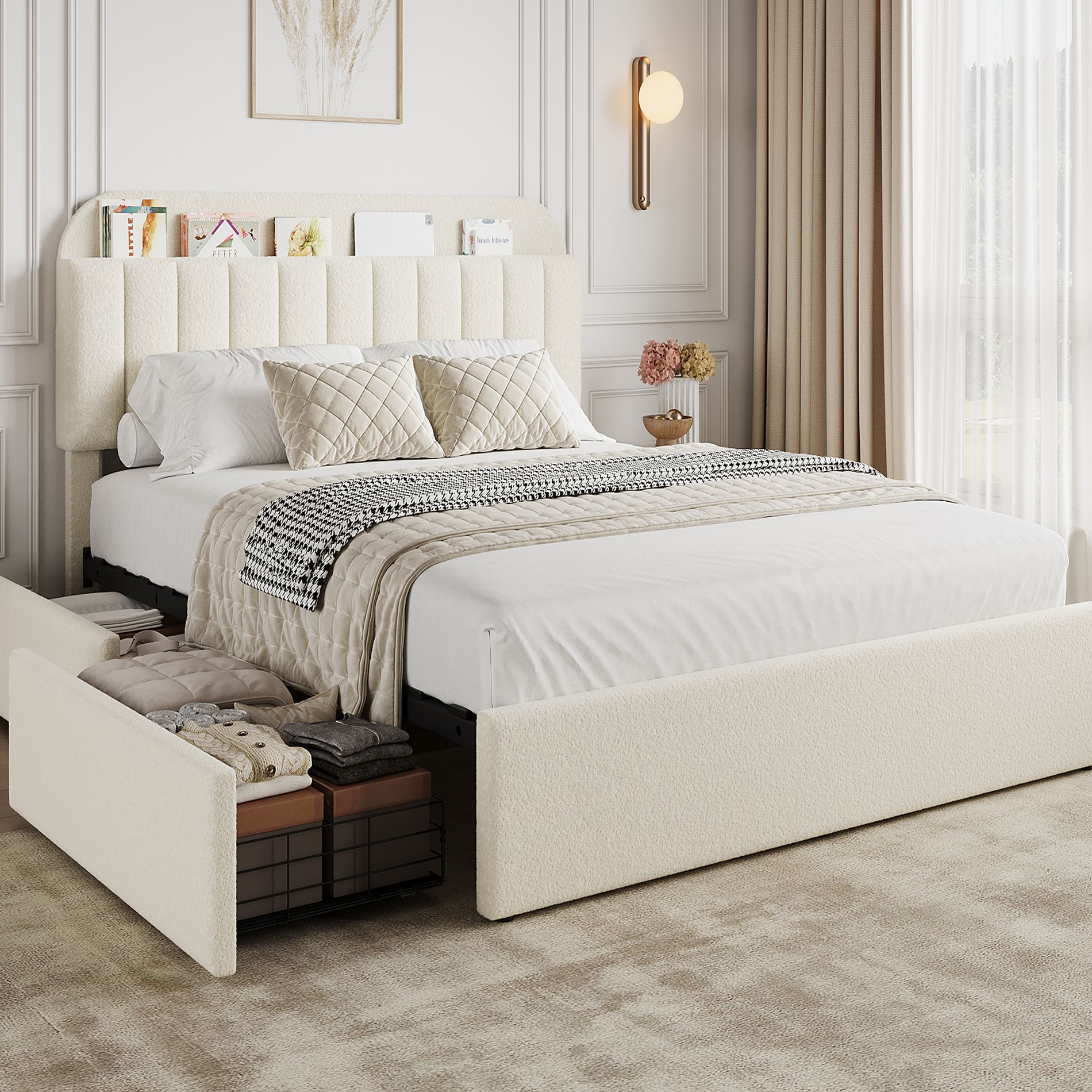 Full Bed Frame with Bookcase Headboard, Kids Bed Frame with 2 Drawers, Boucle Upholstered Platform Bed, No Box Spring Needed, Easy Assembly, White