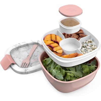 54 oz Bowl with 4-Compartment Toppings Tray, Leak-Proof Dressing Container, Reusable Fork, BPA-Free Lunch Box for Meal Prep
