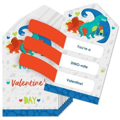 Big Dot of Happiness Roar Dinosaur - Dino Mite Trex Cards for Kids - Happy Valentine's Day Pull Tabs - Set of 12